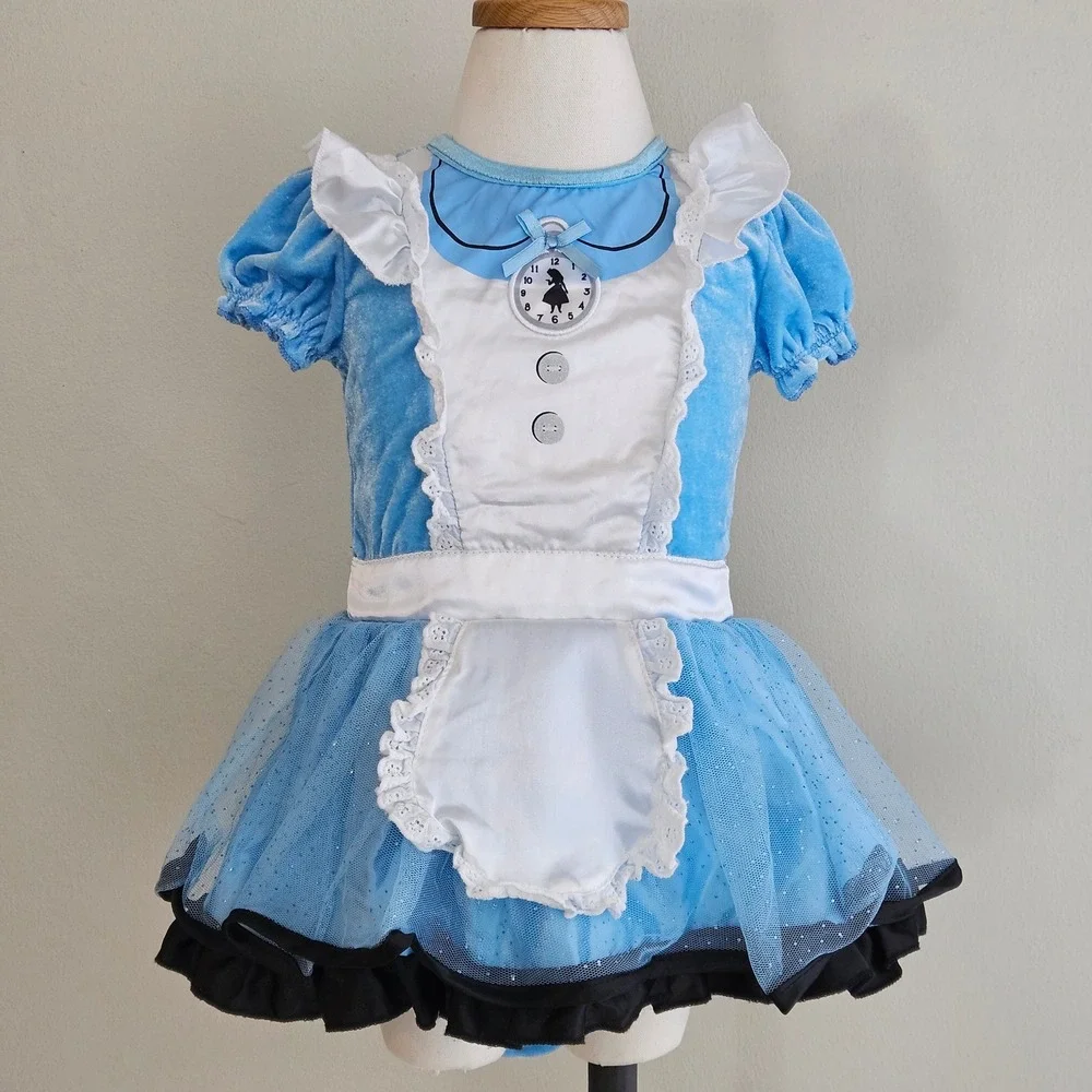 Disney Baby Alice in Wonderland Costume 12/18M Blue Velvet Tulle Set Check Legs